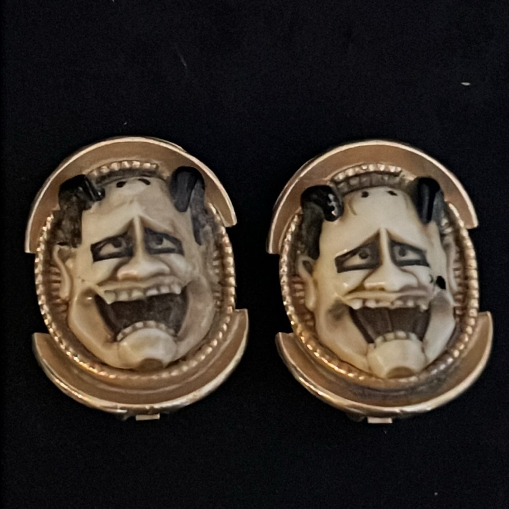Vintage Hannya On NOH Mask Devil Japanese Theatre Mask Clip-On Earrings
